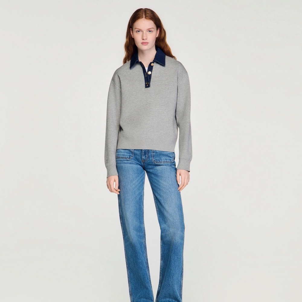 Sandro SWEATER WITH DENIM COLLAR sz 0 - Picture 3 of 6